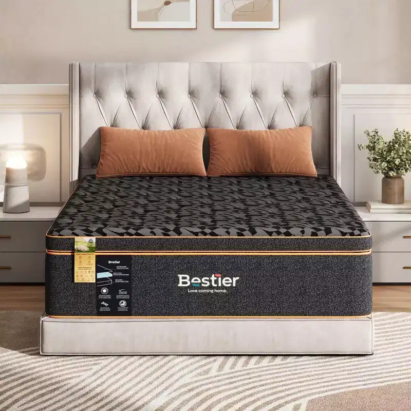 Bestier 14 King Size Mattress, Cooling Gel Memory Foam Black Mattress, Organic Wool Mattress, Lumbar Support Spring for Superior Comfort, CertiPUR-US