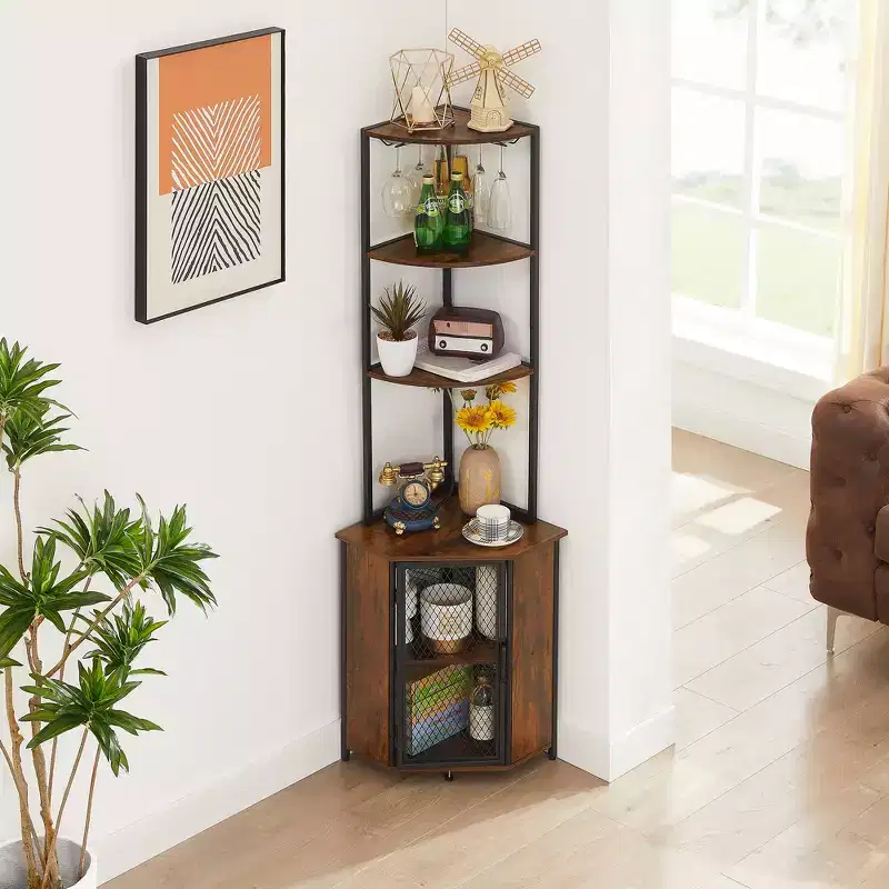 63 Tall Corner Bookshelf 6-Tier Corner Shelf Standing Cabinet Organizer with LED Light and Charging Station, Small Space, Brown/Gray/Gold