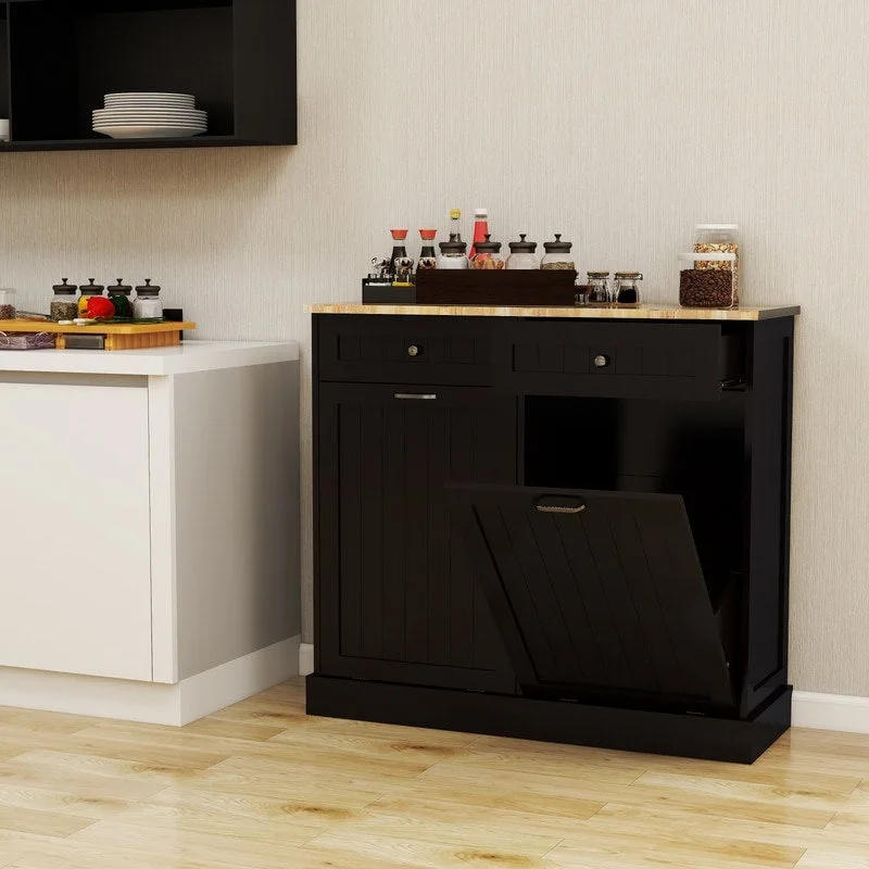Tilt-Out Trash Cabinet with 2 Drawers – Black, MDF, Kitchen Storage