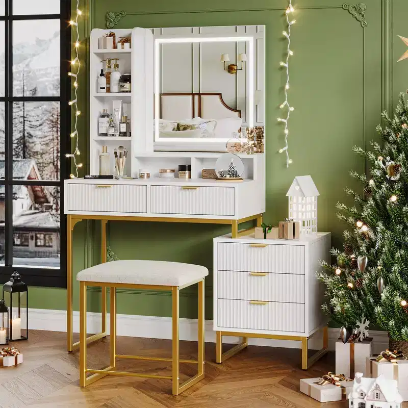 Vanity Makeup Desk with Mirror and Lights, Modern Make Up Table, Removable Side Storage Cabinet, 5 Drawers Vanity Table, for Bedroom