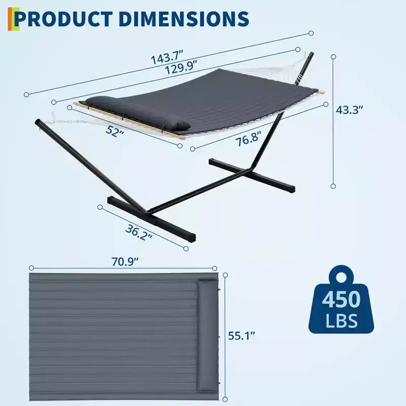 Double Hammock with Space Saving Steel Stand, 2 Person Cotton Rope Hammock with Pillow & Padded Pad, Portable for Backyard, Patio, Garden