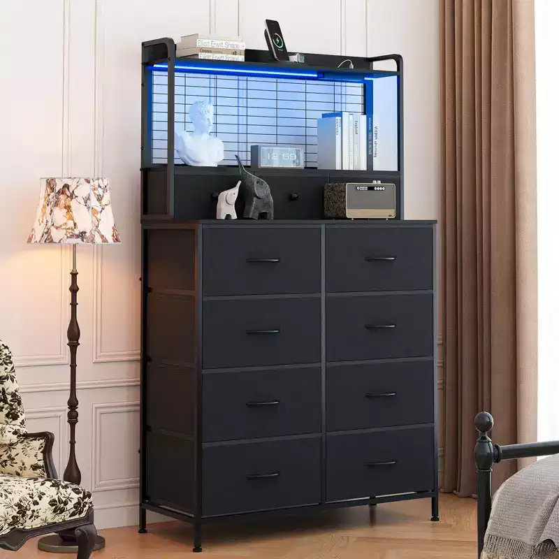 11 Drawer Fabric Dresser with Built-in Charging Station, Industrial Storage Organizer Tower for Bedroom and Living Room