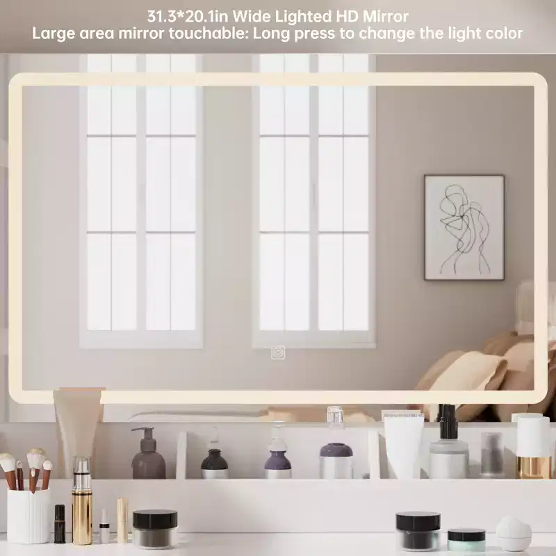 Homesflex Modern White Makeup Vanity Desk with Adjustable Lights, Mirror, and Storage - Complete Vanity Set with Drawers, Shelves, and Stool