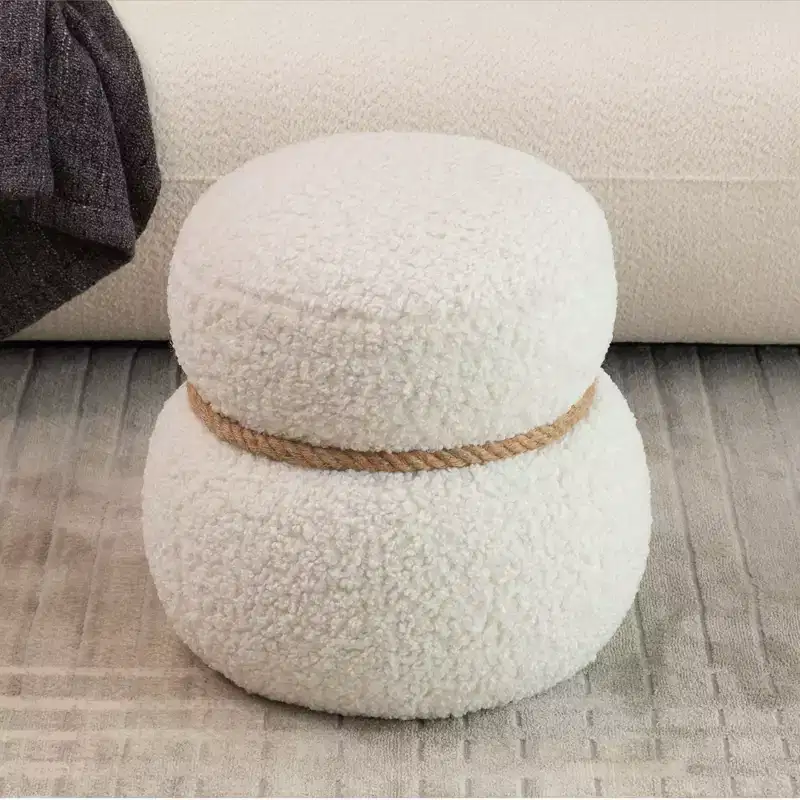 Round Snowman Ottoman Upholstered Cute Footstool Lamb Wool Vanity Stool with Wood Frame Shoe Bench for Living Room, Bedroom, Entryway