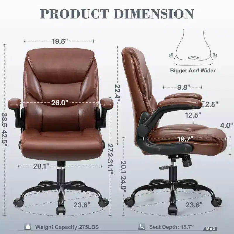 KERDOM Office Chair Computer Desk Chair, PU Leather Swivel Executive Task Chair with Adjustable Height, Brown