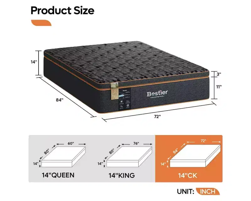 Bestier 14 Cal King Size Mattress, Cooling Gel Memory Foam Black Mattress, Organic Wool Mattress, Lumbar Support Spring for Superior Comfort
