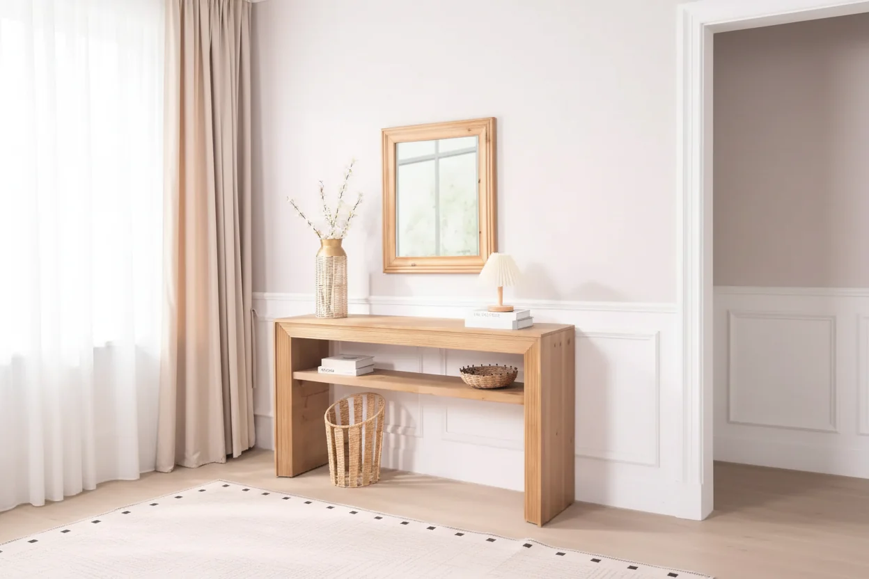 59-Inch Farmhouse Console Table Natural Wood Grain Open Shelf 100 Lbs