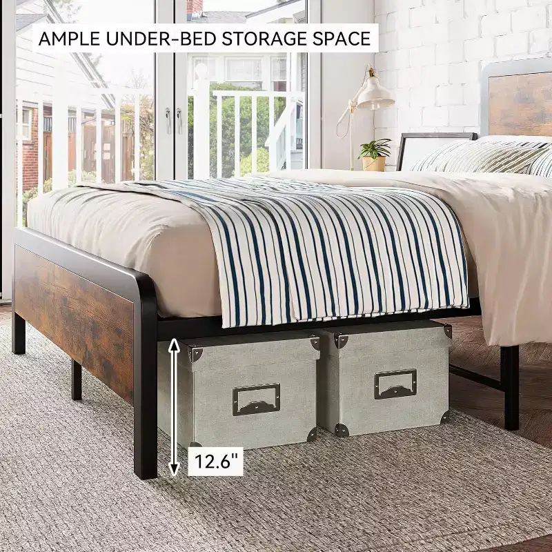 Queen Bed Metal Frame with Wooden Vintage Headboard and Tailboard, Platform Frame with Safety Rounded Corners and Slat Support, No Box Spring Needed