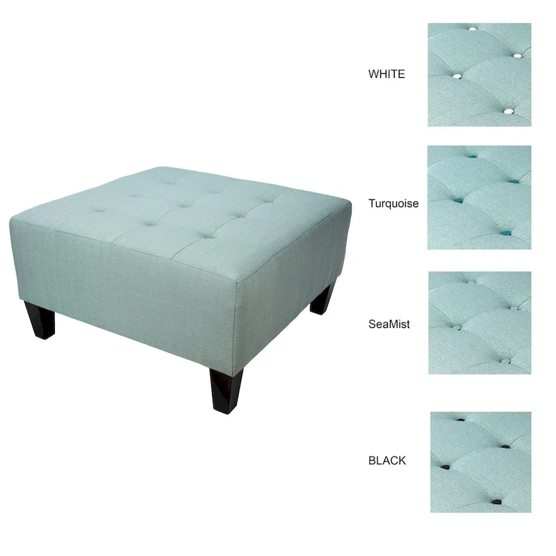 Sea-Mist Blue Square Ottoman, Button-Tufted — 1 Person