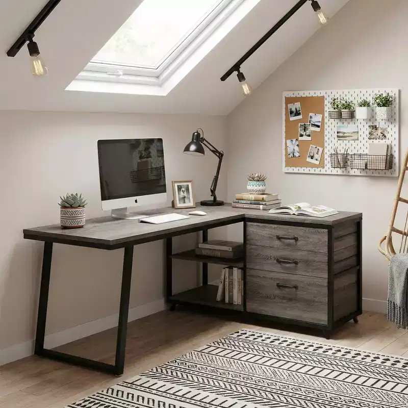 MAYEERTY Reversible L-Shaped Desk with 3 Drawers & Open Shelves, 53 Home Office Computer Desk
