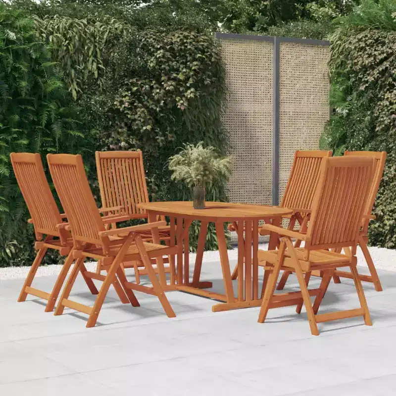 vidaXL Solid Eucalyptus Wood Patio Dining Set with Reclining Chairs and Umbrella Hole - Outdoor Garden Dining Set, Brown Farmhouse Style
