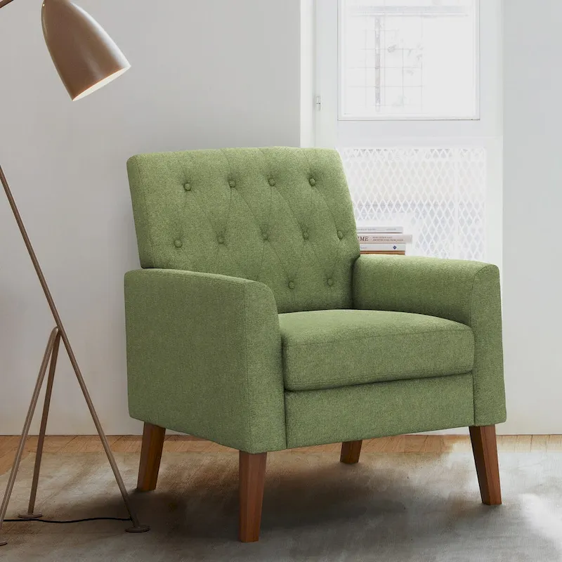 LUE BONA Linen and Walnut Legs Mid Century Modern Button Tufted Accent Chair - 29.53 H X 30 W X 33.07 D