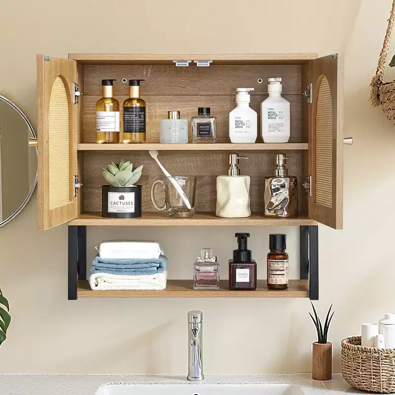 Bathroom Wall Cabinet with 2 Doors and Adjustable Shelf, Over-Toilet Storage Medicine Cabinet — Brown