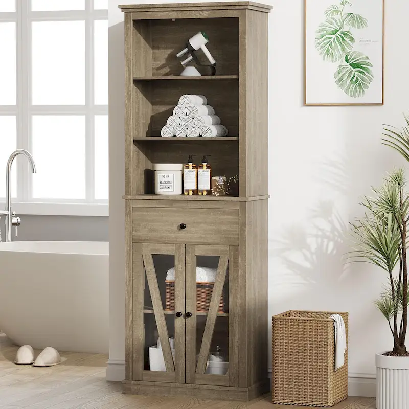 66.5 Tall Storage Cabinet, Bathroom Storage Cabinet with 5 Shelves & Drawer