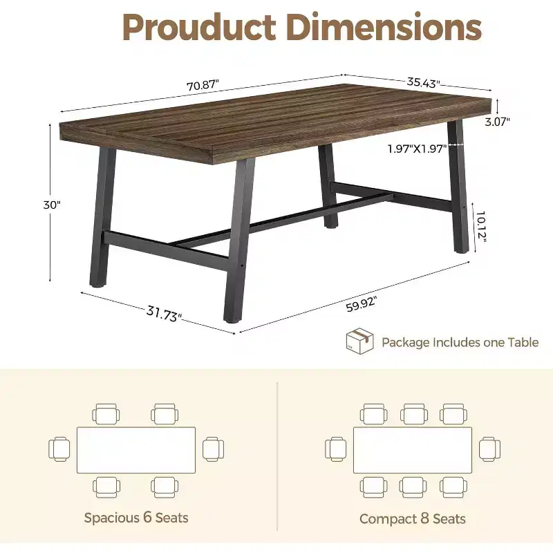 71 Inch Rectangular Dining Table for 6-10 People, Modern Farmhouse Kitchen Table with Adjustable Feet, Sturdy Long Dining Room Table, Brown