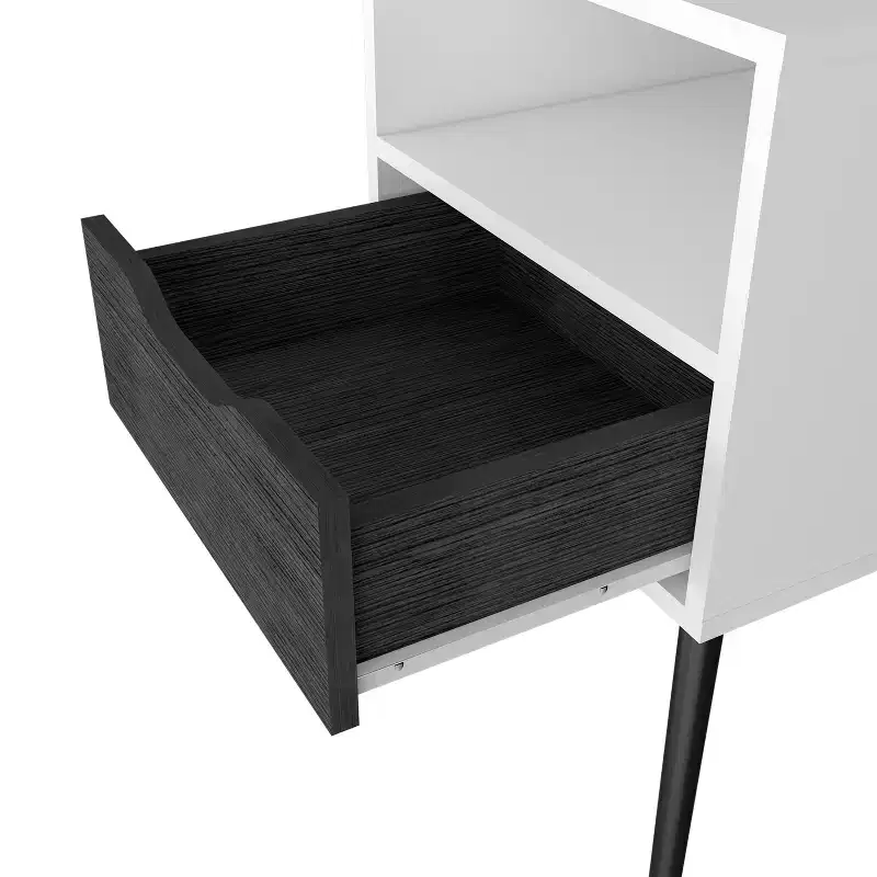 Modern Nightstand with Open Shelf and Single Drawer, Smokey Oak / White Finish
