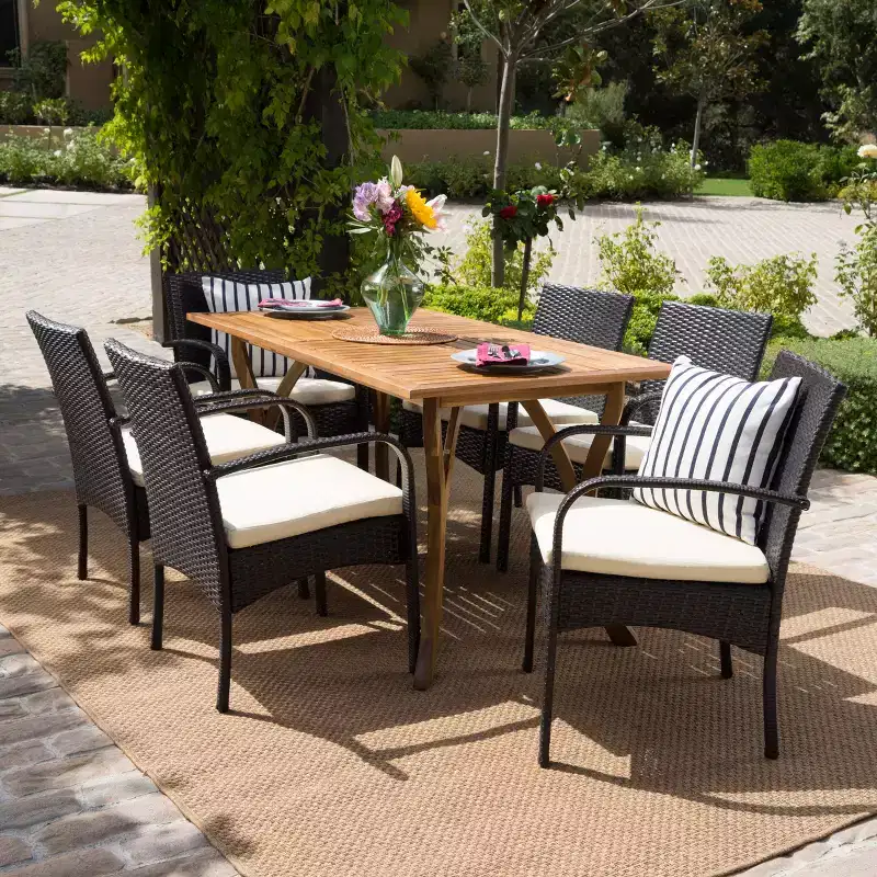 Christopher Knight Home Caraga Outdoor Acacia Wood and Wicker 7 Piece Dining Set with Cushion