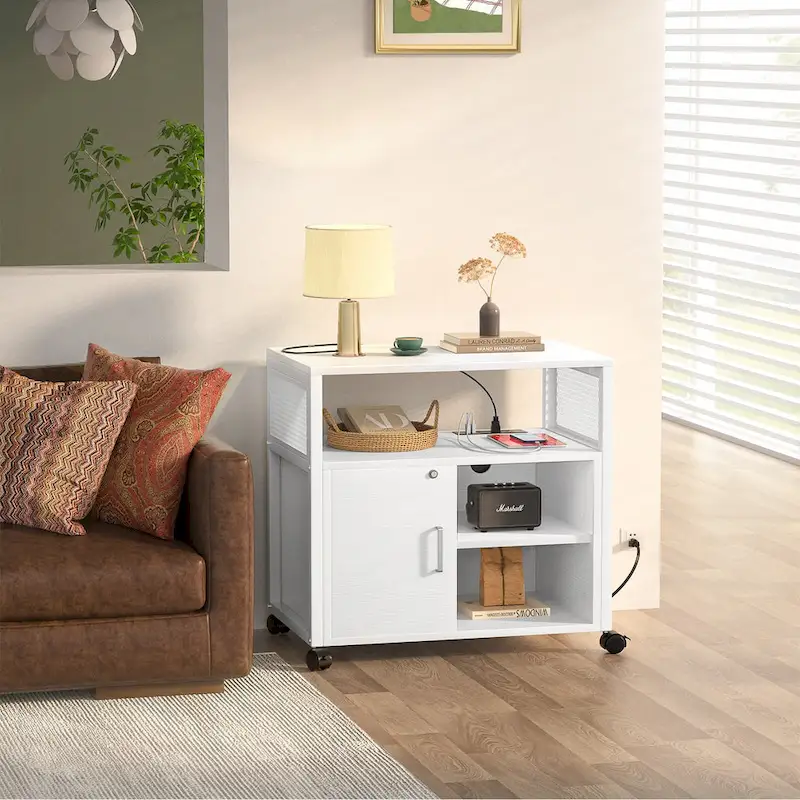 Rolling File Cabinet Lateral Office Filing Cabinets with Charging Station,Modern Printer Stand on Wheels