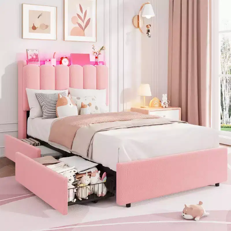 Pink / Purple / White Boucle Upholstered Kids Platform Bed with Wavy Headboard, Bookcase & 2 Drawers – Twin / Full / Twin XL, 1 Person