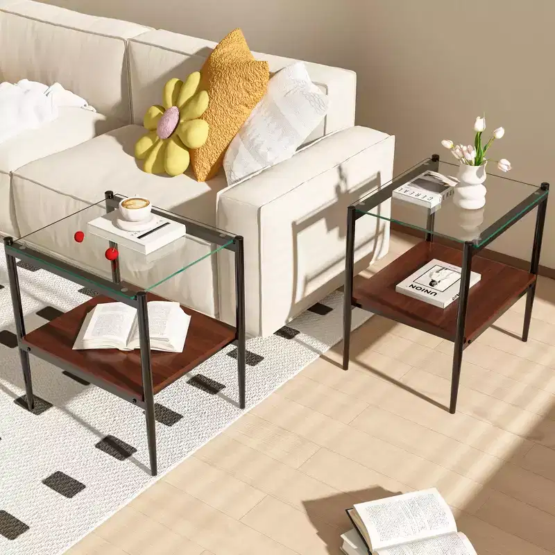 Okak Modern End Table with Tempered Glass Tabletop, Side Table with Bottom Shelf and Metal Frame, Couch Table for Living Room, Set of 2