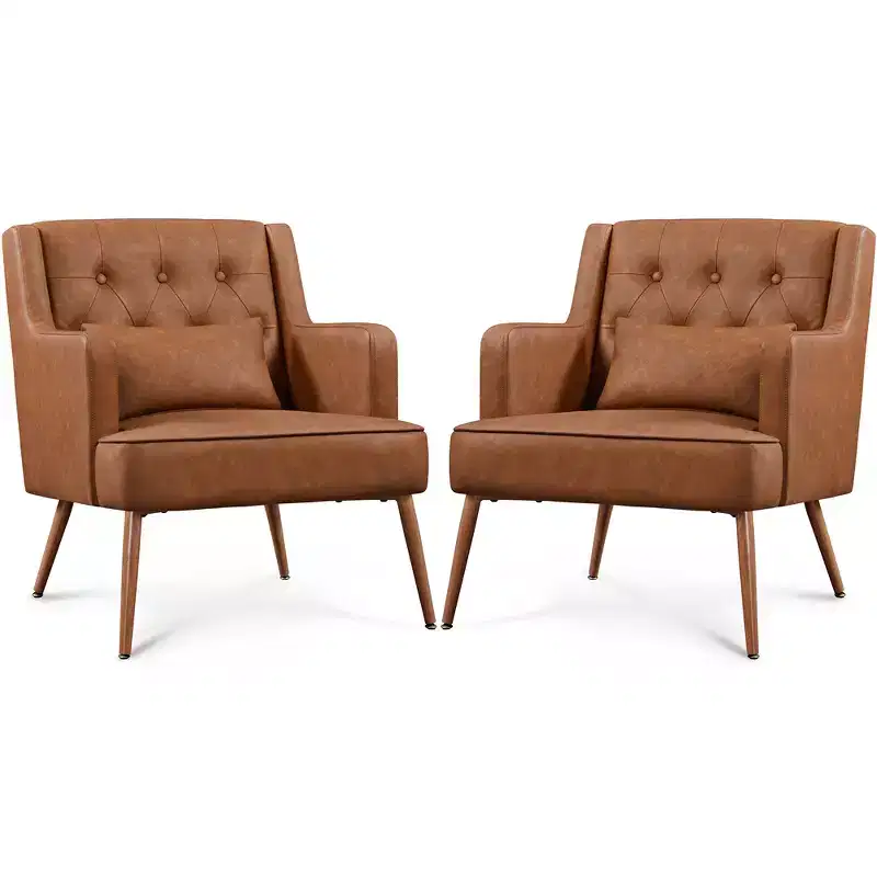 Set of 2 Button Tufted Modern Accent Armchairs with Lumbar Support, Retro Brown