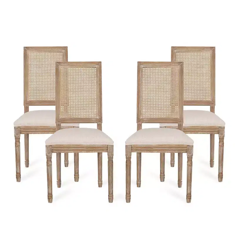 of 4 French Country Wood and Cane Upholstered Dining Chairs