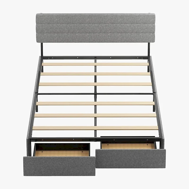 Upholstered Platform Bed Frame with Storage Drawers and Adjustable Headboard – Dark Grey / Beige / Light Grey, Full / Queen / King, 2-Person Use