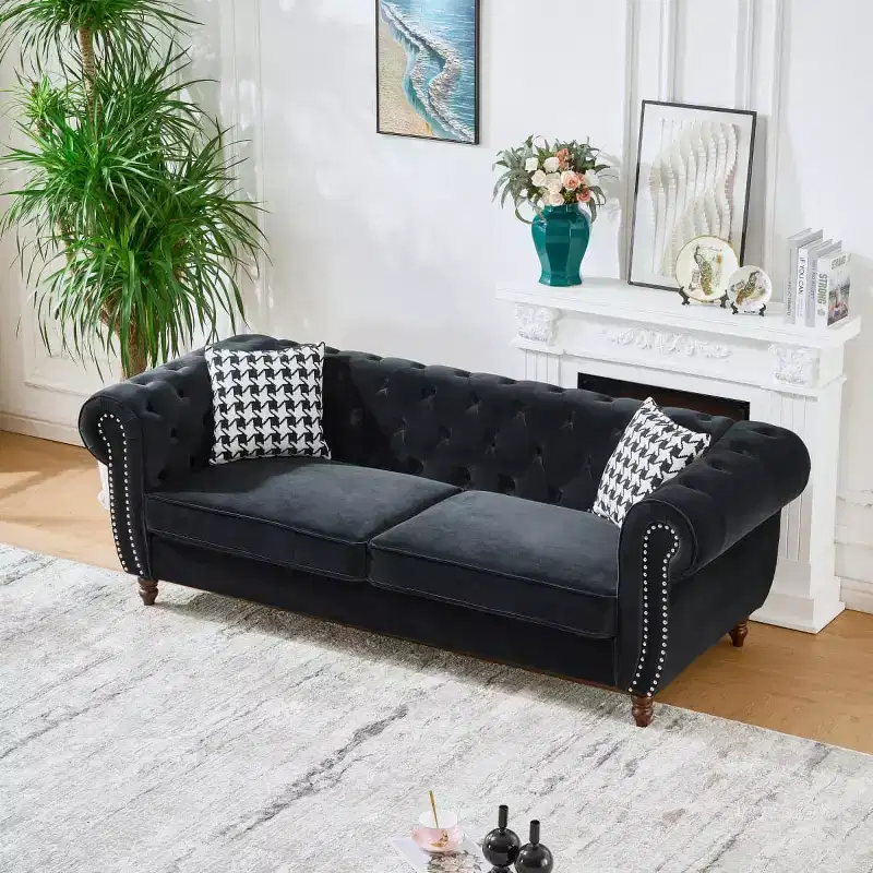 Mid-Century 3-Seater Chesterfield Sofa with Nailhead Trim, Rolled Arms and Wood Frame, Velvet