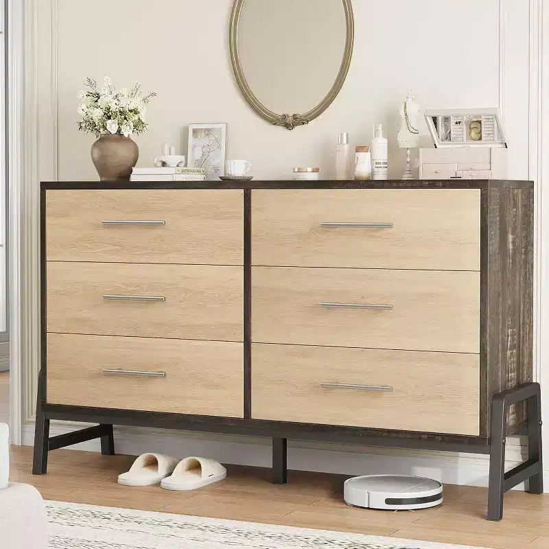 Dresser with 6 Drawers, TV Stand, Freestanding Wide Drawer Wooden Storage Cabinet for Living Room, Bedroom, Entryway
