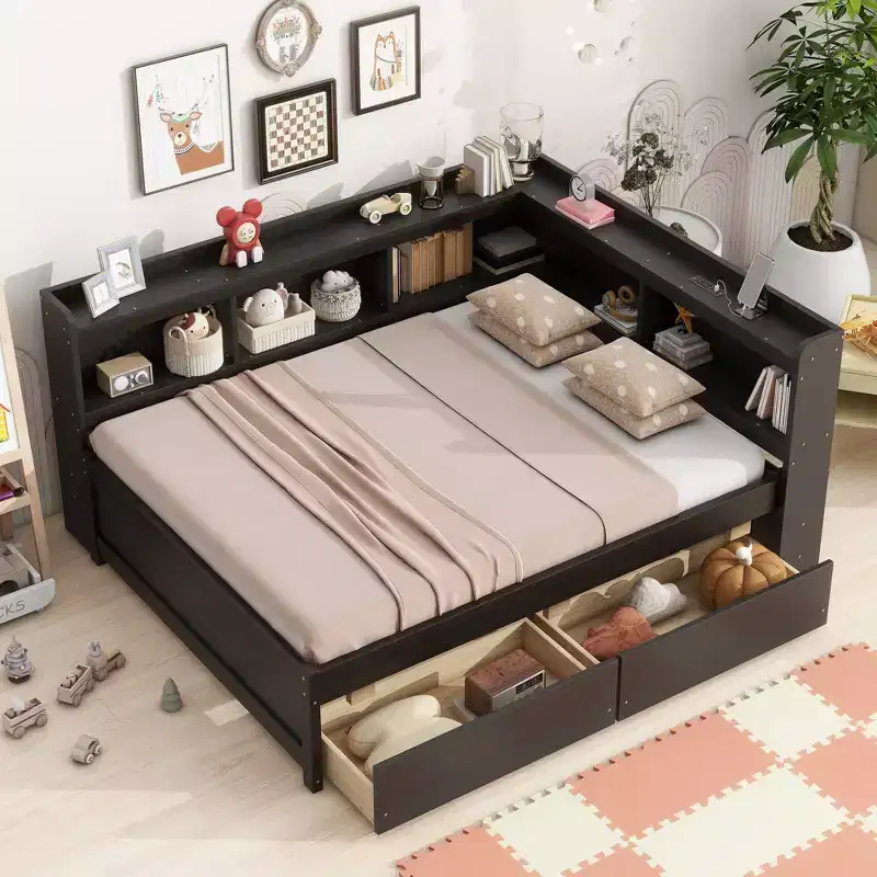 Full Size L-Shaped Bed with Bookcase, Power Outlets, USB Ports and Storage Drawers