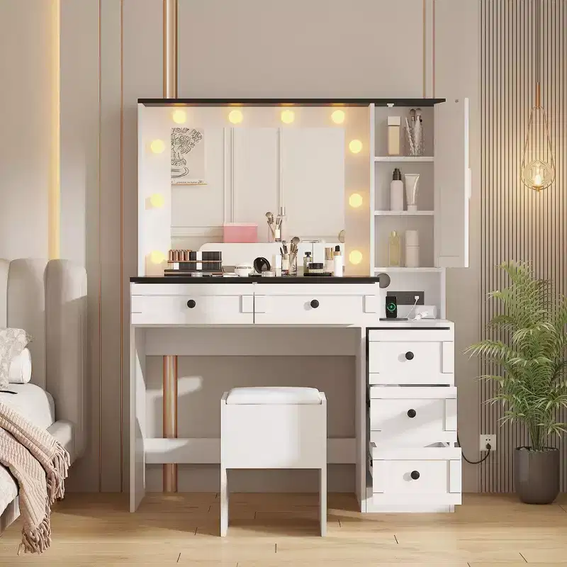 Modern White Vanity table set, featuring a farmhouse style, a vanity table and upholstered stool, a mirror, six drawers, and a cabinet with doors