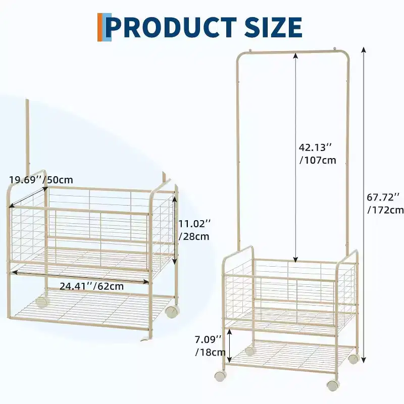 67.72in Tall Laundry Cart with Clothes Rack, Rectangular Rolling Laundry Hamper Basket Butler Cart with Wheels for Bedroom, Apricot