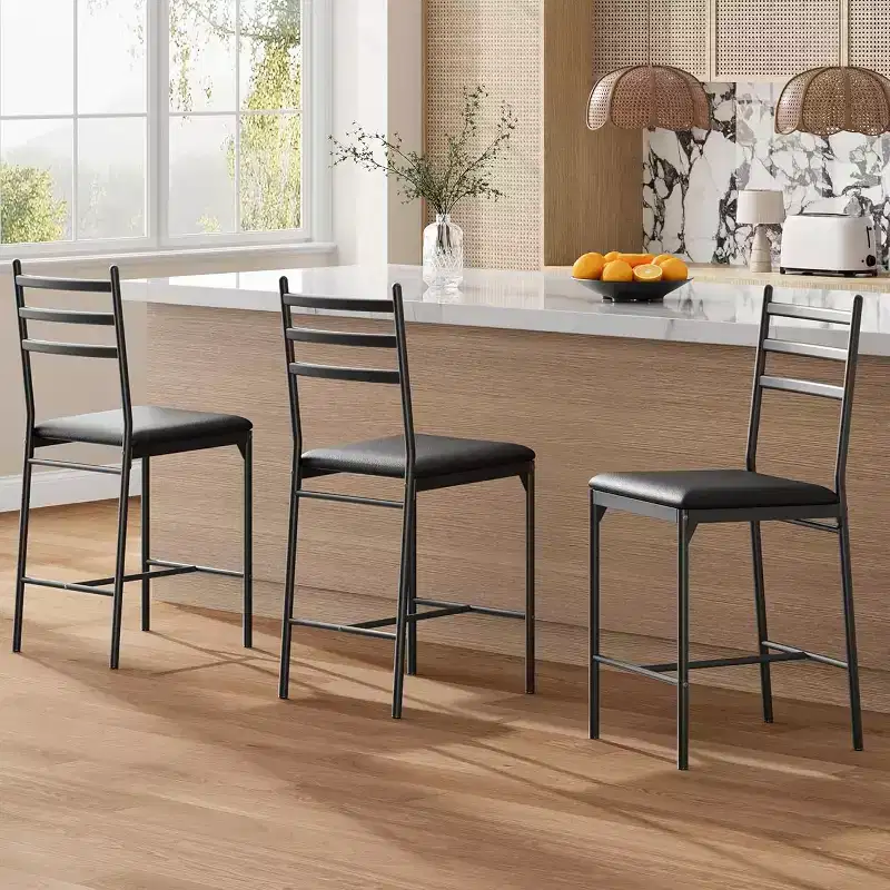 Bar stool, faux leather upholstery, metal frame, ergonomic design, comfortable upholstered seat, sturdy backrest, set of two