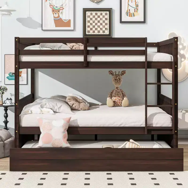 Whisen Full Over Full Rubber Wood Bunk Bed with Trundle, Ladder and Guardrails, Convertible to 2 Full Size Beds