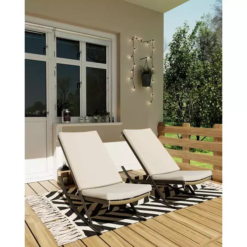 TROPOW Garden Rocking Chairs Set of 2, Outdoor Wicker Seaside Reclining Chair, Rattan Sun Lounger, Wicker Patio Poolside Lounger with Cushion