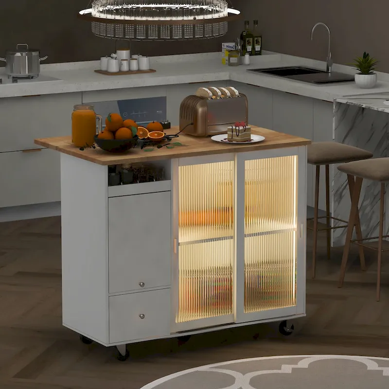 Kitchen Island with Drop Leaf and LED Light