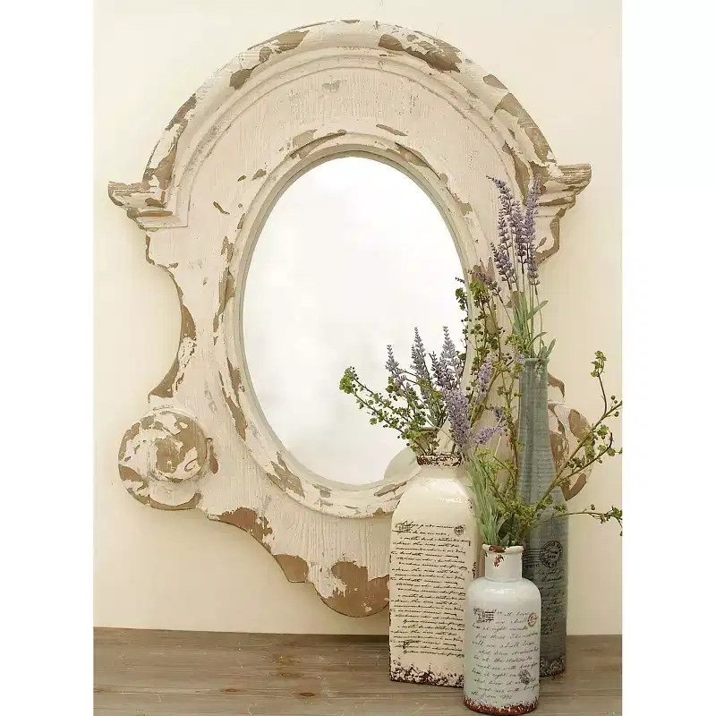 Olivia & May Fiberglass Carved Oval Wall Mirror with Arched Top and Distressing White: Resin Frame, No Assembly Required