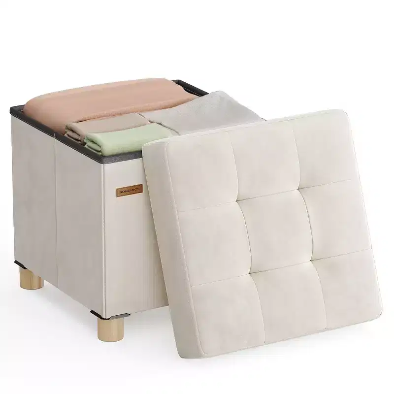 Small Folding Storage Ottoman Cube, 15x15x15.7 Inches Velvet Footstool with 9.8 Gal Capacity