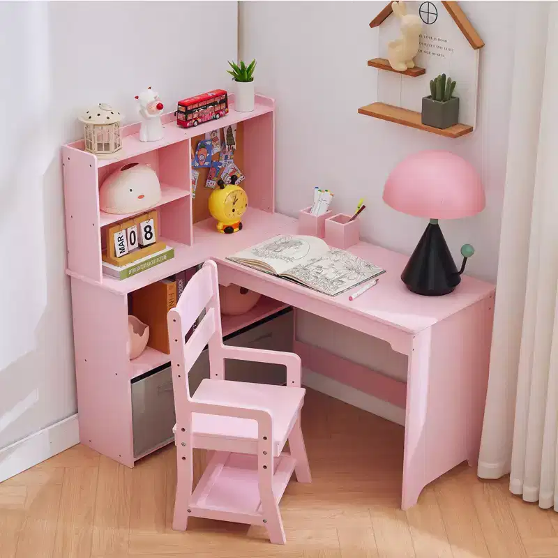 Kids Corner Desk, Desk and Chair Set for Children, L Shape Kids Study Table, Bulletin Board Open Shelves & Storage Cabinets and Cloth Drawers, White