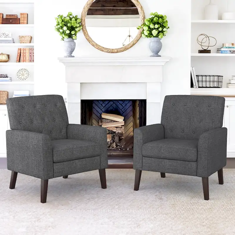 LUE BONA Linen and Walnut Legs Mid Century Modern Button Tufted Accent Chair (Set of 2) - 33.86 H X 27.95 W X 29.53 D
