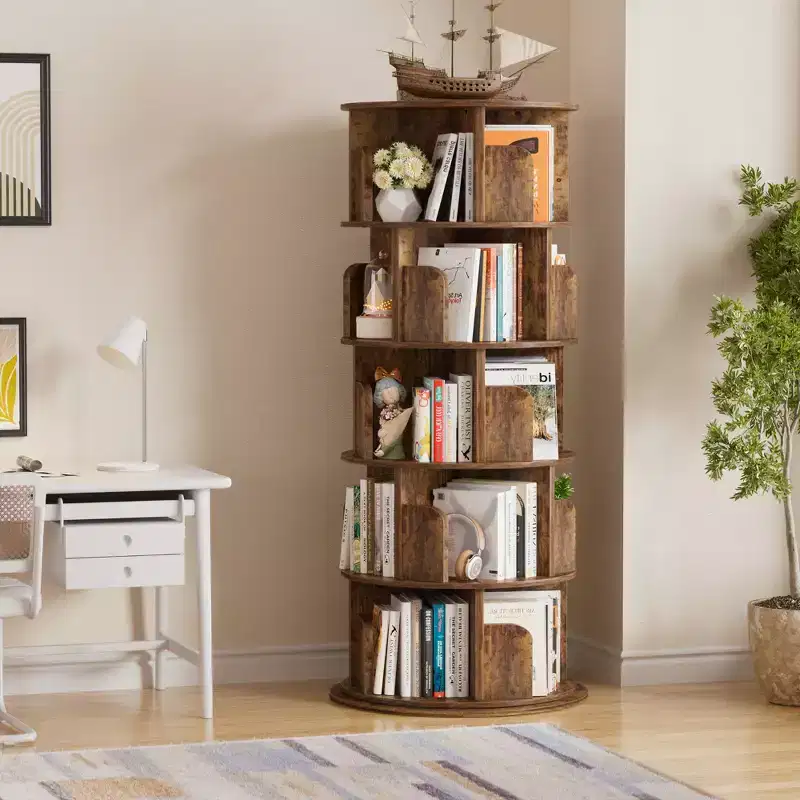 Besiost Rotating Bookcase, 360 Display Corner Bookshelf for Small Space-Brown
