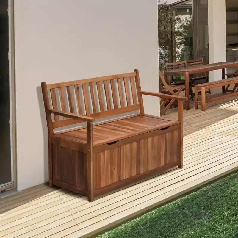 Outsunny 41 Gallon Outdoor Storage Bench, Wooden Deck Box with Inner Waterproof PE Lining, 2-Seat Container for Patio Garden Balcony Yard