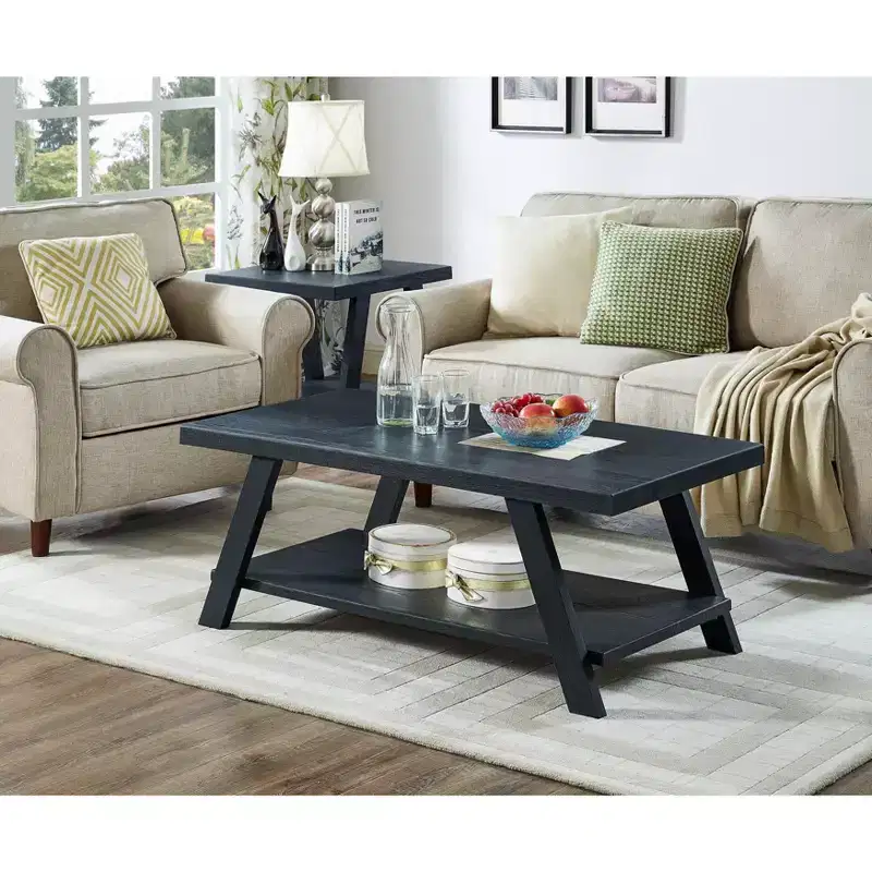 Roundhill Furniture Athens Contemporary Replicated Wood Shelf Coffee Set Table in Black Finish