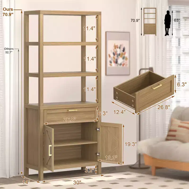 COZONY Modern Bookshelf w/ Storage Cabinet, 71 Bookcase Farmhouse Cabinet w/ Adjustable Shelves, Bookshelves for Bedroom, Living Room, Home & Office