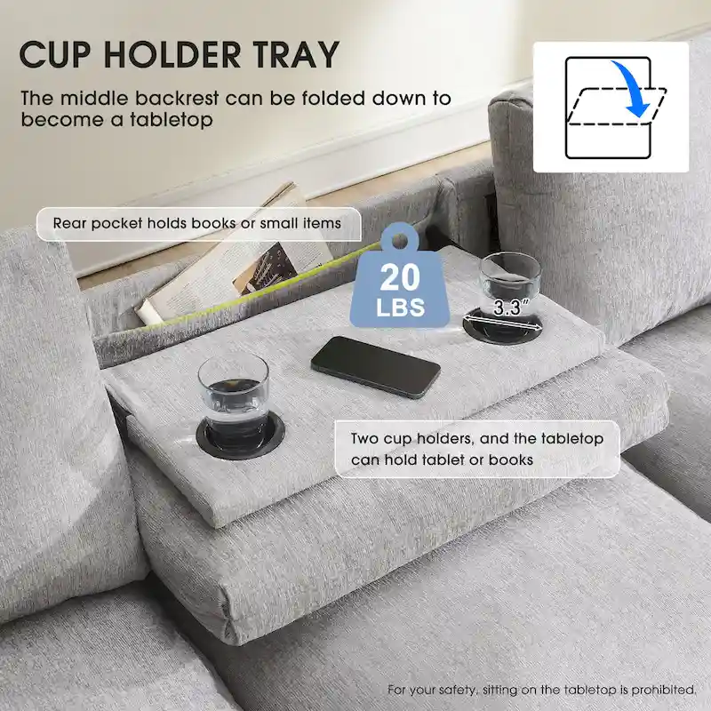 96 Chenille Smart Sectional Sofa with Bluetooth Speaker, Drop-Down Table & USB Charger and 3-Seater Cloud Couch