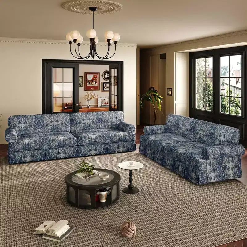 74 Luxuriously Comfortable 3 Seater Cloud Couch, Oxford Fabric Sofa with Rolled Arms & Pleated Skirt Design Blue Floral
