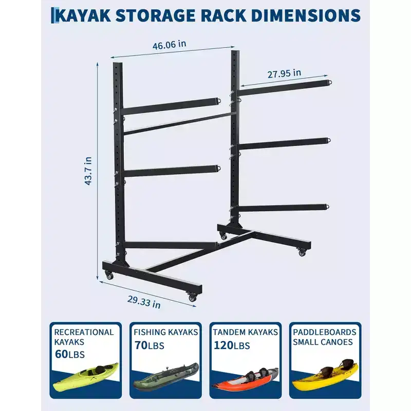 3-Tier Freestanding Kayak Rack, Steel, Lockable Wheels, Holds Kayaks/Canoes/SUPs up to 120 lbs, 46