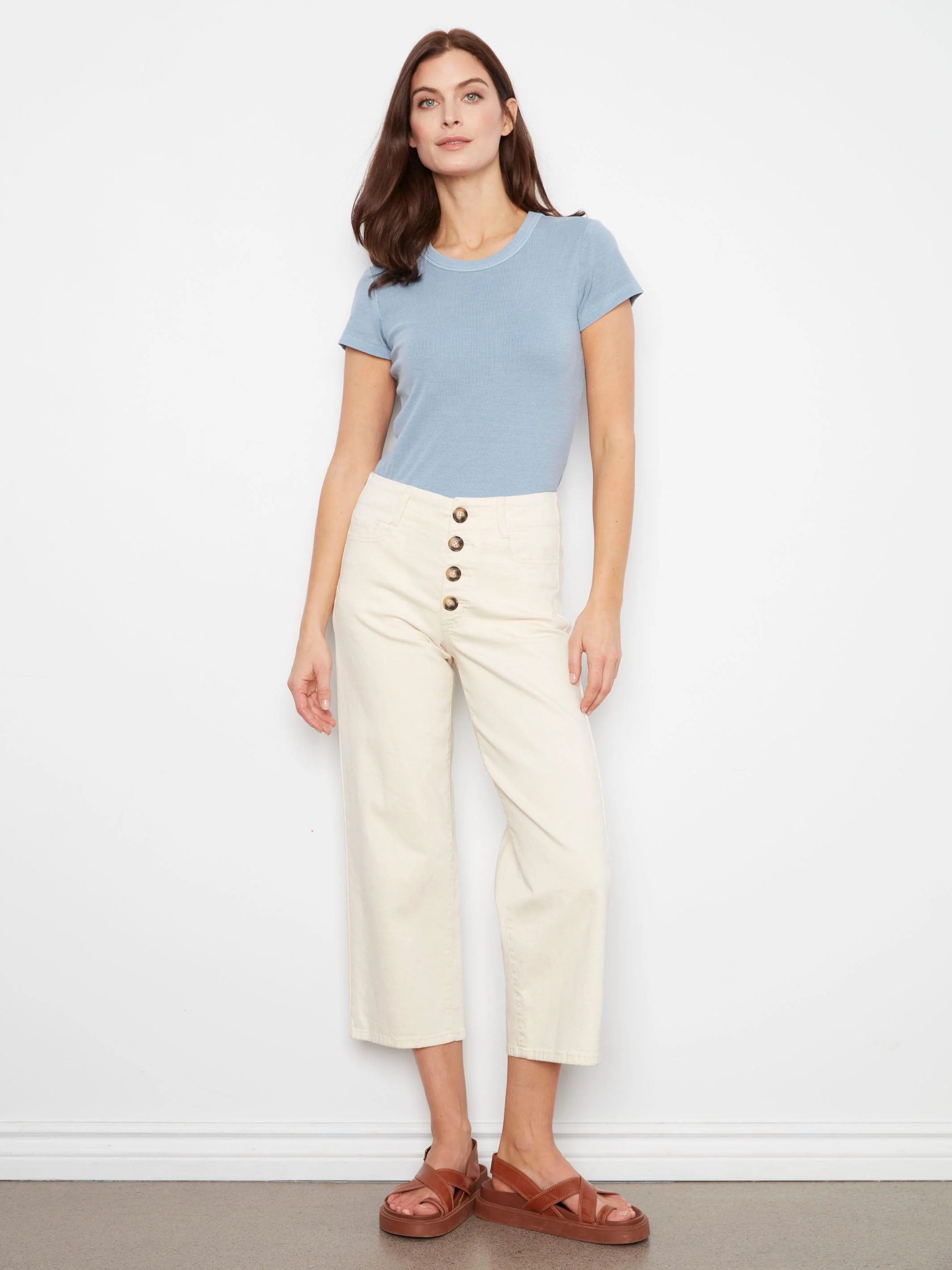 Front Button-Fly Crop Pants - Natural