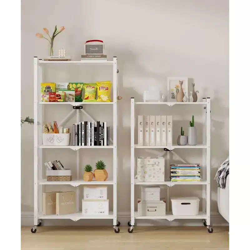 5-Tier Foldable Metal Storage Shelf with Wheels and Side Hooks Heavy Duty Organizer Rack White