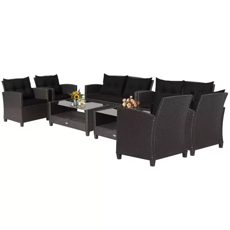 Costway 8 PCS Patio Rattan Furniture Set Glass Table Shelf Sofa Cushion Black/Red/Turquoise/Navy/Gray